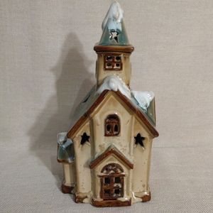 VTG Collectable Glazed Pottery Snow Covered Church Candle Holder